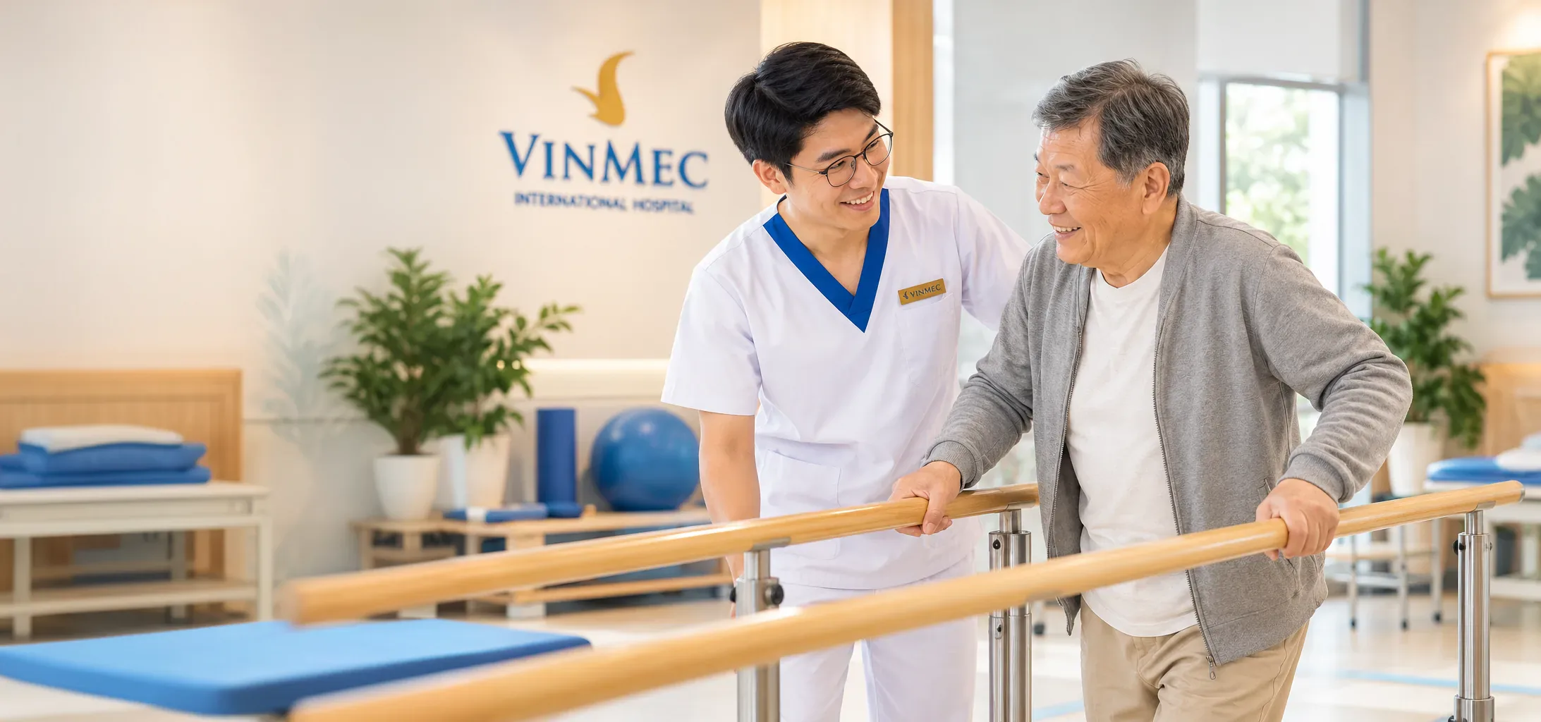 Nhân viên y tế mỉm cười đỡ một cụ ông tập đi bên thanh vịn trong phòng phục hồi chức năng