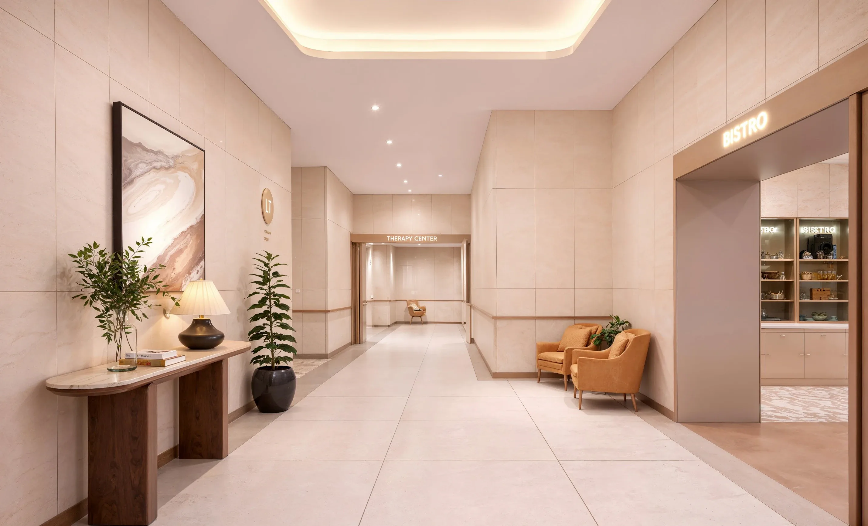 Sảnh hành lang ấm cúng với ghế bành, cây xanh và lối vào Therapy Center
