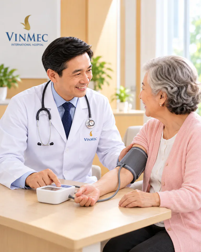 Bác sĩ đo huyết áp cho cư dân lớn tuổi