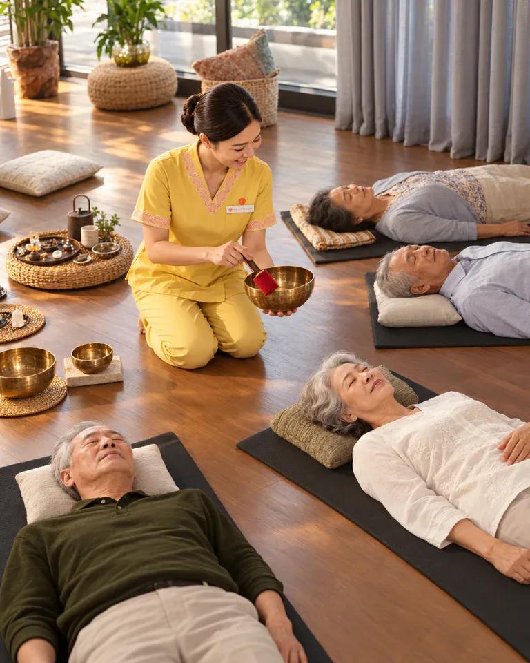 Người cao tuổi thiền cùng chuông thiền