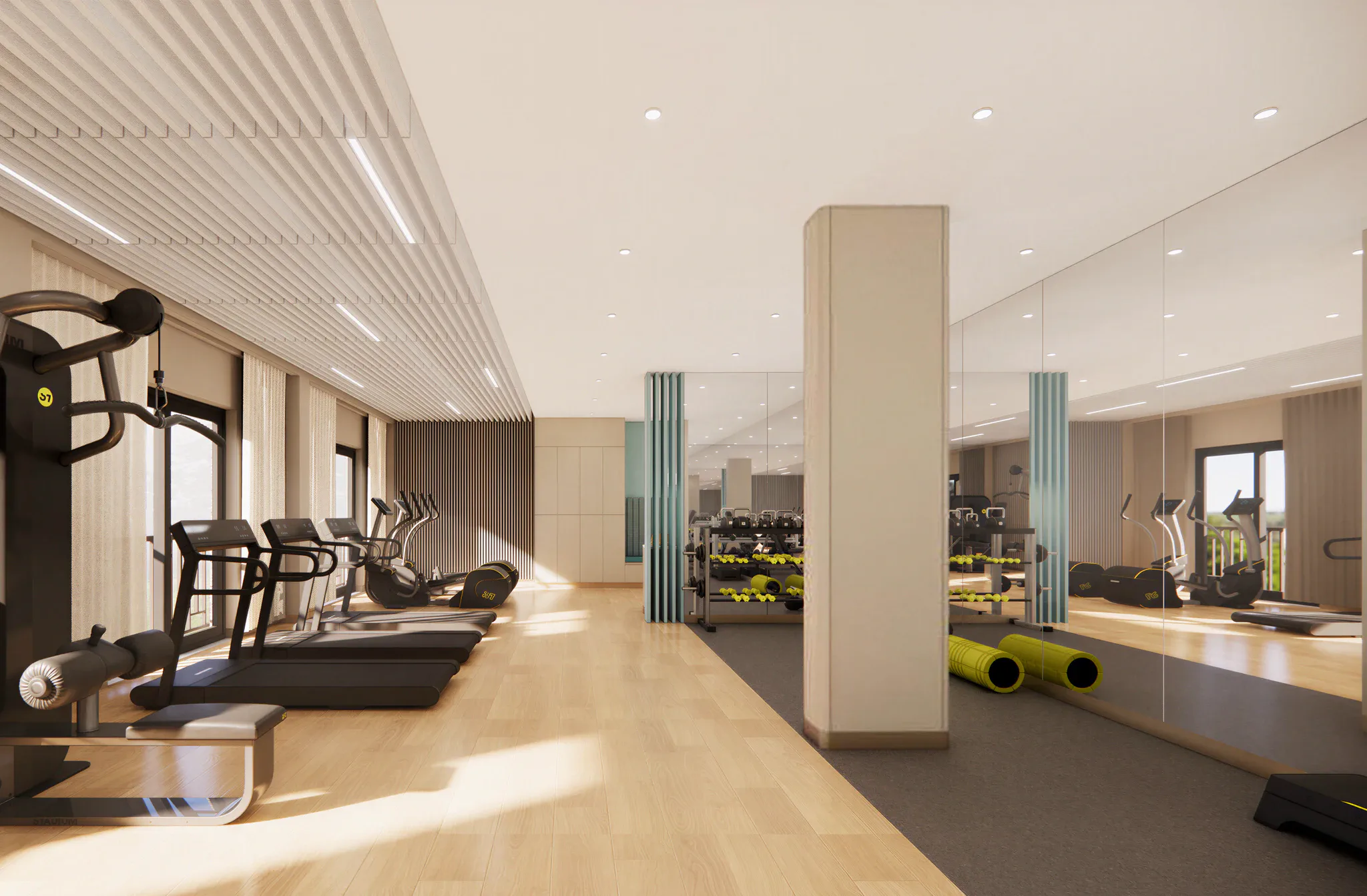 Phòng gym với máy chạy bộ và dụng cụ tập luyện