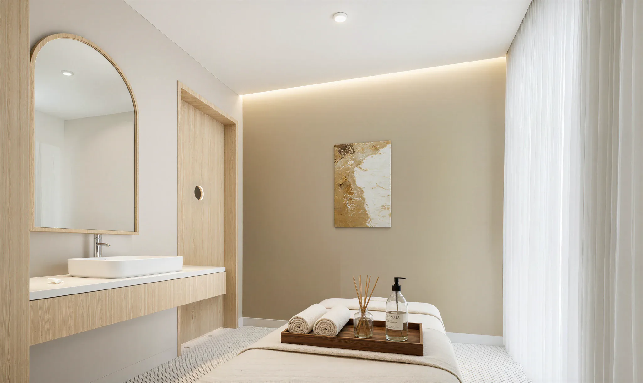 Phòng salon với gương vòm, bồn rửa và giường gội đầu
