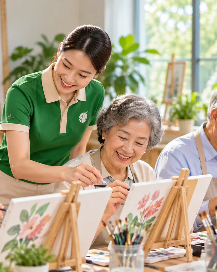 Bà cụ tươi cười vẽ tranh hoa bên giá vẽ cùng nhân viên